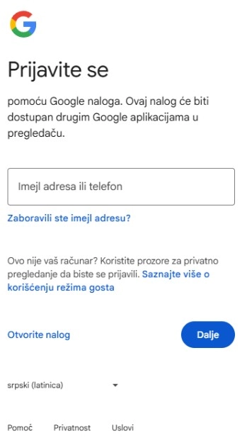 Prijavljivanje na Google nalog pre registracije Google Business Profile