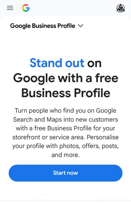 Google Business Profile početna stranica sa dugmetom Start now