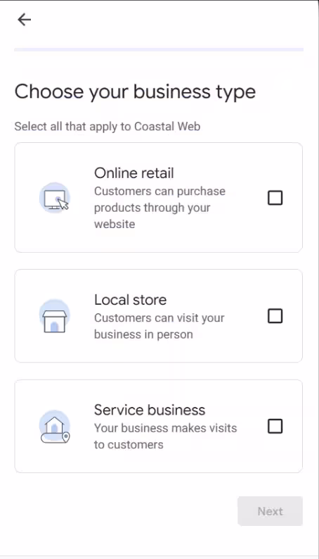 Choosing the business type during Google Business Profile setup