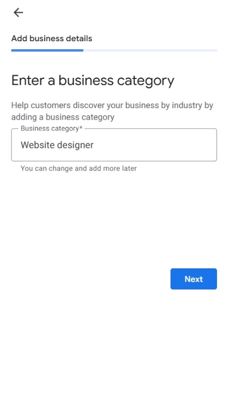 Izbor kategorije delatnosti u Google Business Profile sa prikazom padajuće liste