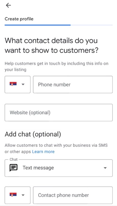 Unos kontakt informacija u Google Business Profile - telefon, sajt, chat