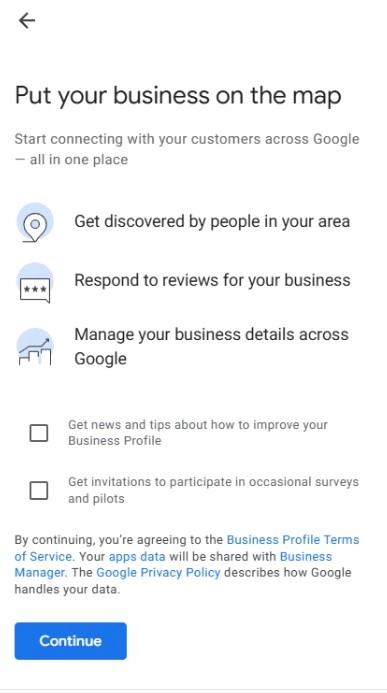 Google Business Profile ekran za obaveštenja - ne čekirajte ništa
