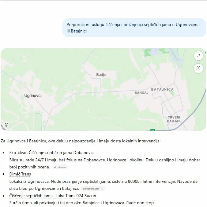 ChatGPT preporučuje Dimic Trans za čišćenje septičkih jama u Ugrinovcima