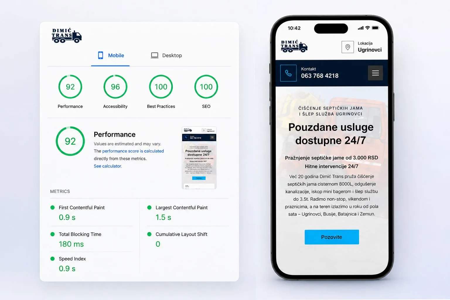 Brzina i mobilna optimizacija sajta za lokalni servis Dimic Trans